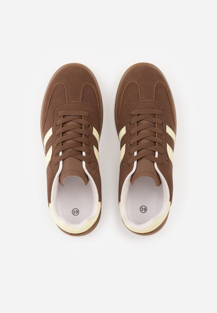 Brązowo-Żółte Casualowe Sneakersy na Płaskiej Podeszwie z Paskami Jereria