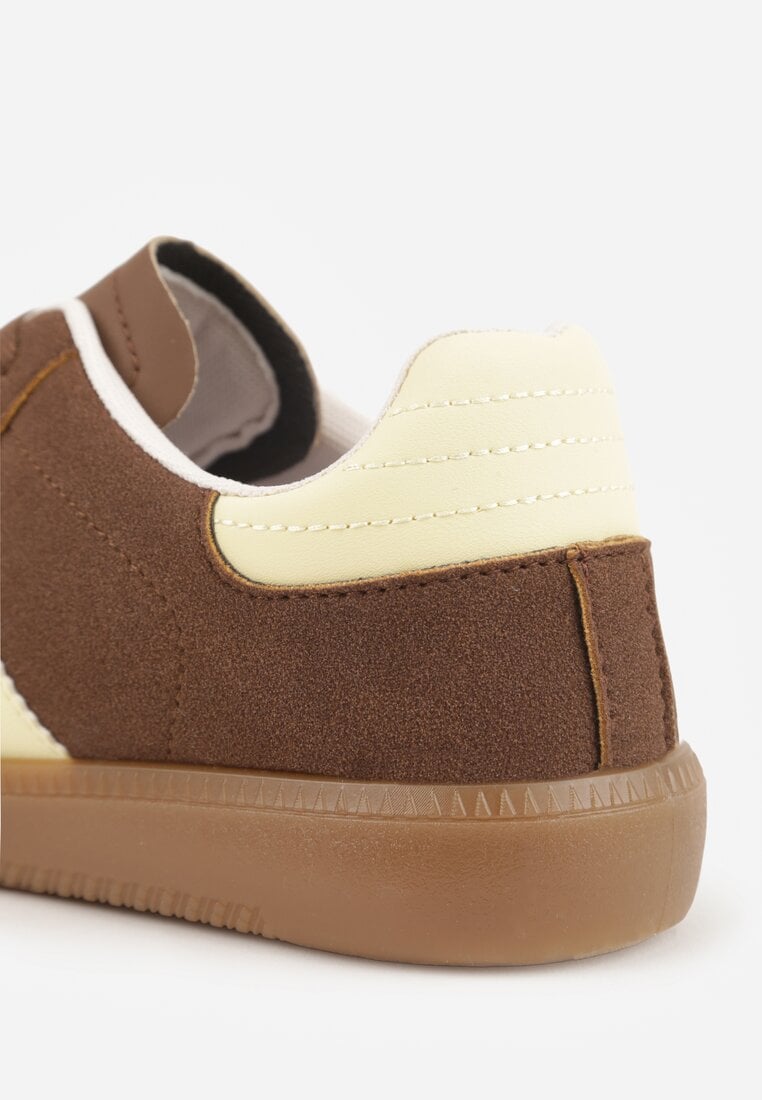 Brązowo-Żółte Casualowe Sneakersy na Płaskiej Podeszwie z Paskami Jereria