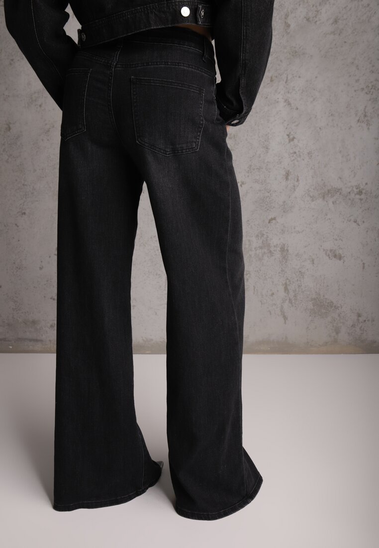 Czarne Szerokie Jeansy Palazzo z Bawełną High Waist Zinnasira