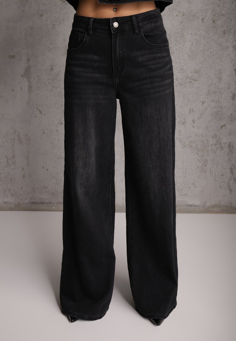 Czarne Szerokie Jeansy Palazzo z Bawełną High Waist Zinnasira