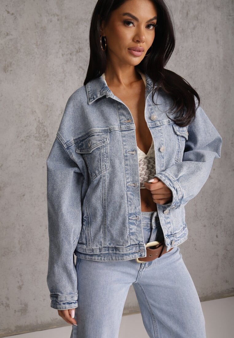 Niebieska Jeansowa Kurtka z Bawełną w Stylu Basic Elliemia