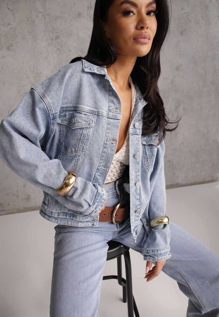 Niebieska Jeansowa Kurtka z Bawełną w Stylu Basic Elliemia