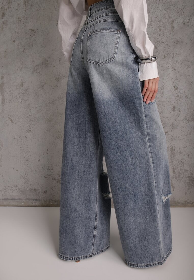 Niebieskie Szerokie Jeansy Palazzo z Bawełny z Dziurami i Przetarciami Erilenna