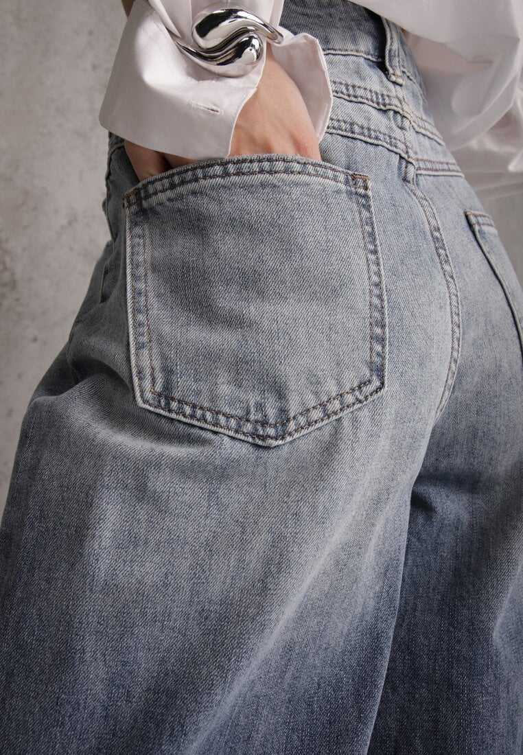 Niebieskie Szerokie Jeansy Palazzo z Bawełny z Dziurami i Przetarciami Erilenna