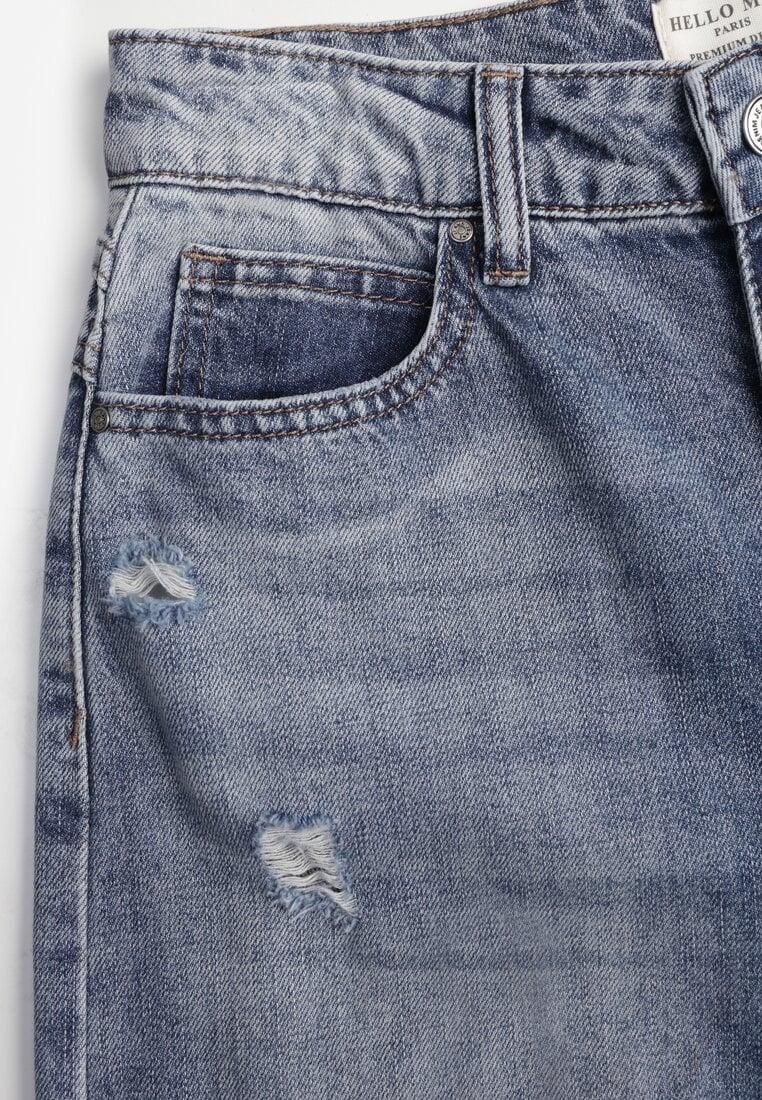 Niebieskie Szerokie Jeansy Palazzo z Bawełny z Dziurami i Przetarciami Erilenna