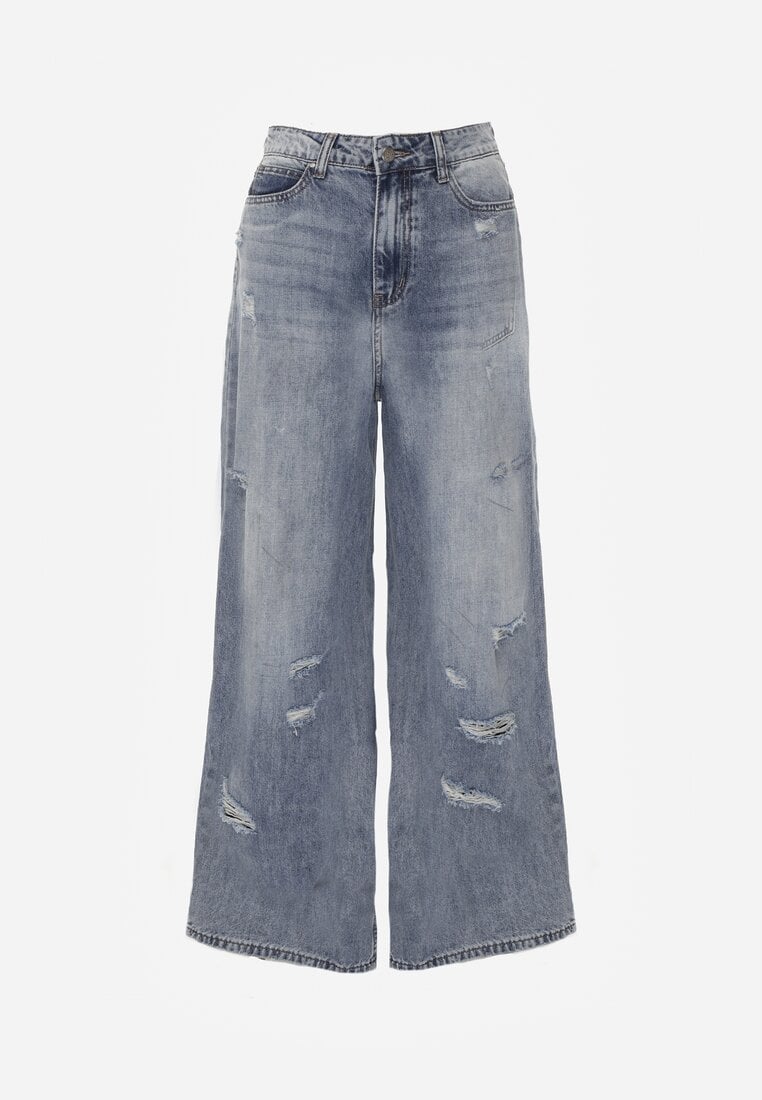 Niebieskie Szerokie Jeansy Palazzo z Bawełny z Dziurami i Przetarciami Erilenna