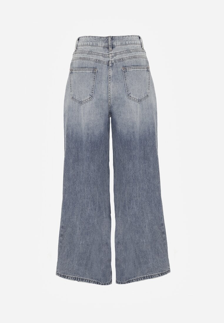 Niebieskie Szerokie Jeansy Palazzo z Bawełny z Dziurami i Przetarciami Erilenna