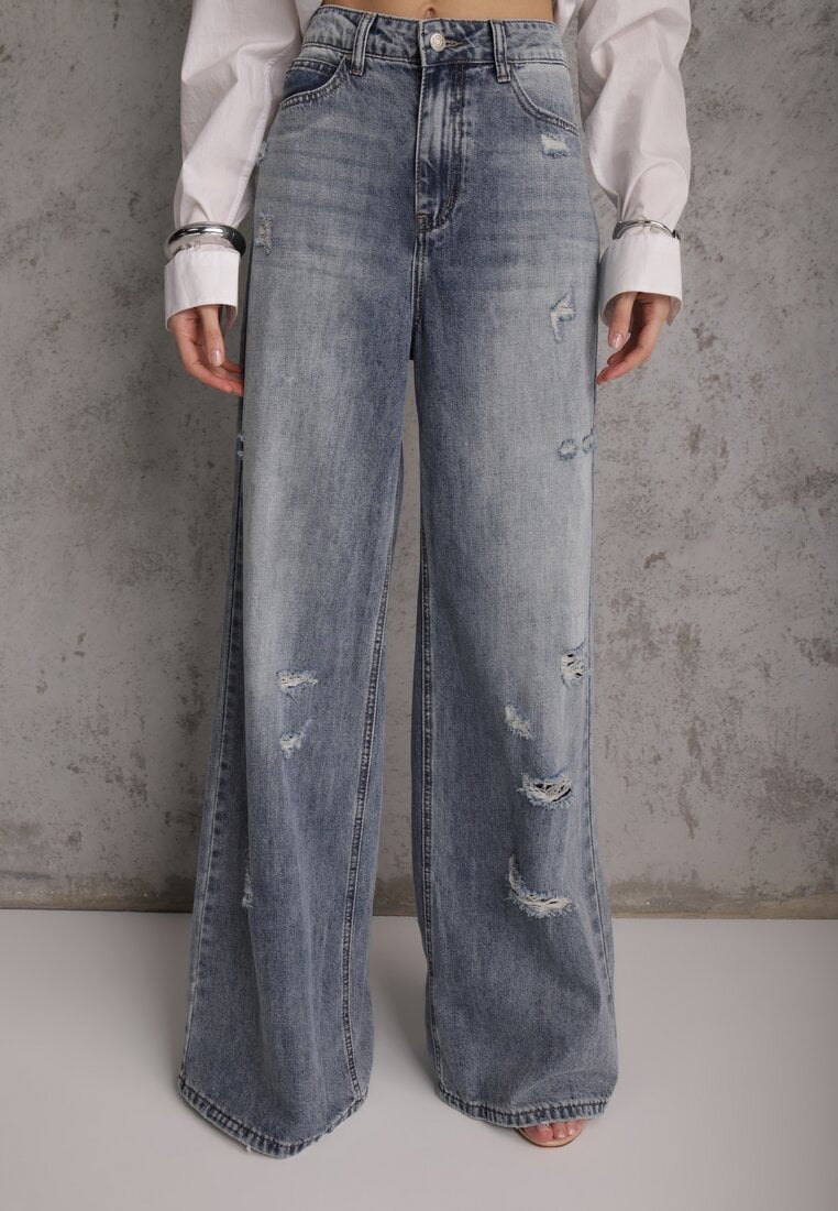 Niebieskie Szerokie Jeansy Palazzo z Bawełny z Dziurami i Przetarciami Erilenna