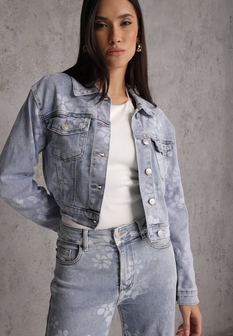 Niebieska Jeansowa Kurtka Cropped z Bawełną i Wiskozą w Kwiatowy Print Malwira
