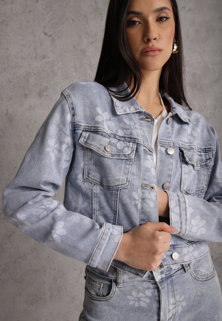 Niebieska Jeansowa Kurtka Cropped z Bawełną i Wiskozą w Kwiatowy Print Malwira
