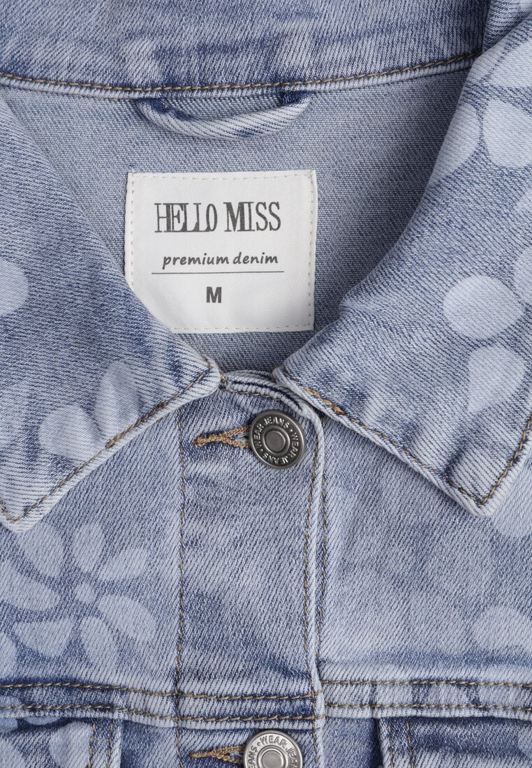 Niebieska Jeansowa Kurtka Cropped z Bawełną i Wiskozą w Kwiatowy Print Malwira