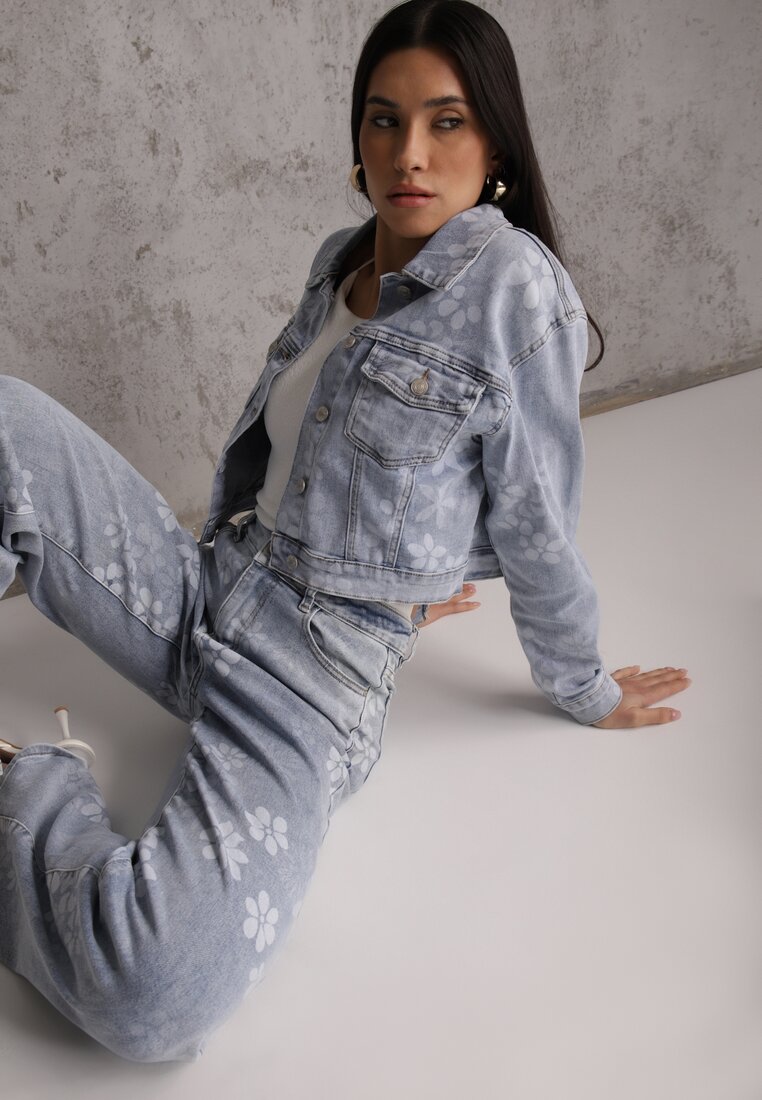 Niebieska Jeansowa Kurtka Cropped z Bawełną i Wiskozą w Kwiatowy Print Malwira