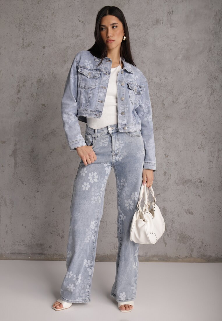 Niebieska Jeansowa Kurtka Cropped z Bawełną i Wiskozą w Kwiatowy Print Malwira