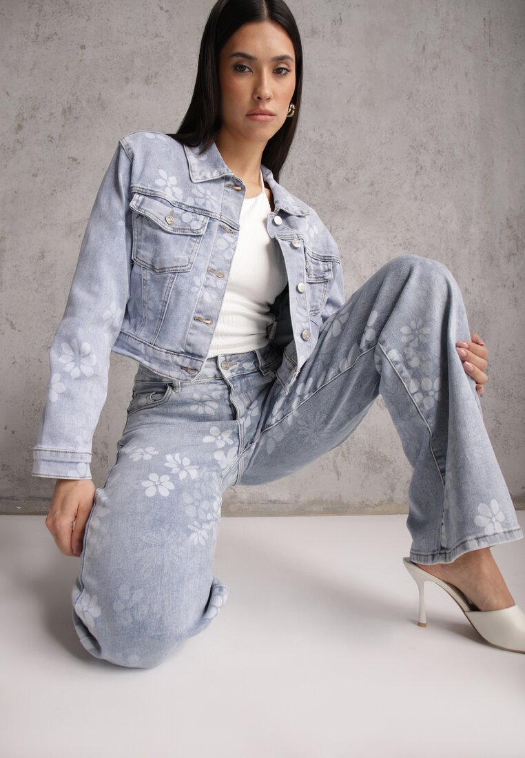 Niebieskie Szerokie Jeansy z Bawełną w Kwiaty Zinnetta