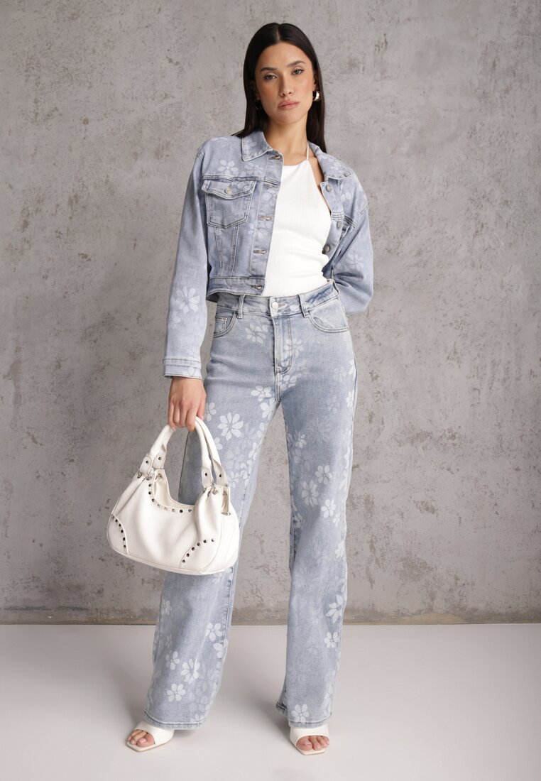 Niebieskie Szerokie Jeansy z Bawełną w Kwiaty Zinnetta