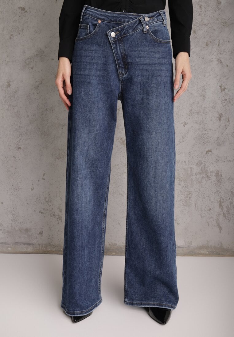 Niebieskie Asymetryczne Jeansy Wide Leg High Waist z Bawełny Leoira