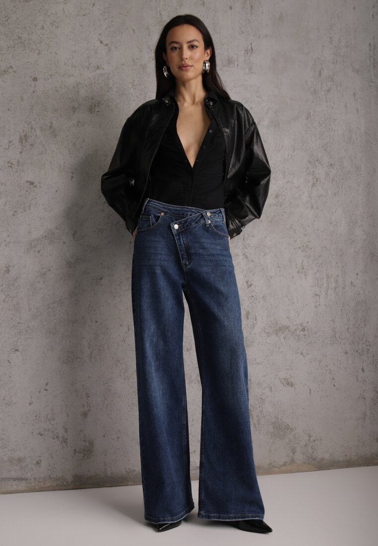 Niebieskie Asymetryczne Jeansy Wide Leg High Waist z Bawełny Leoira