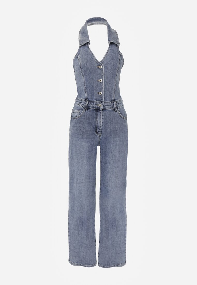 Niebieski Bawełniany Kombinezon Jeansowy z Dekoltem Halter i Kołnierzykiem Edaviann