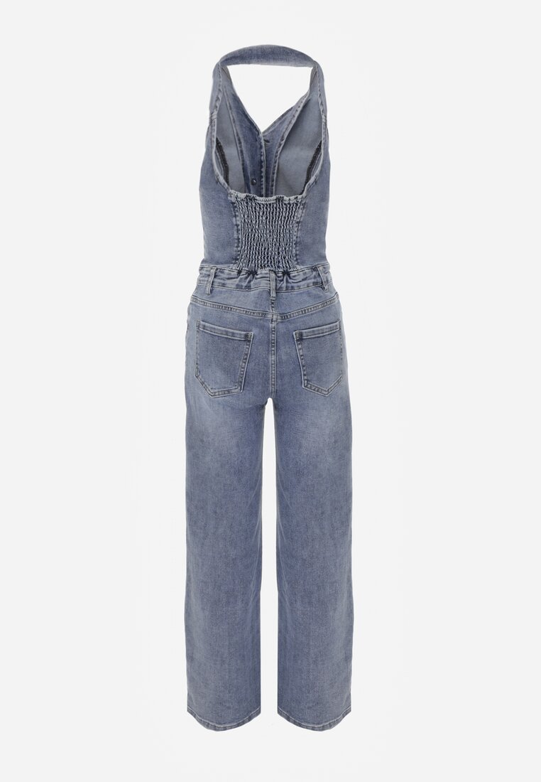 Niebieski Bawełniany Kombinezon Jeansowy z Dekoltem Halter i Kołnierzykiem Edaviann