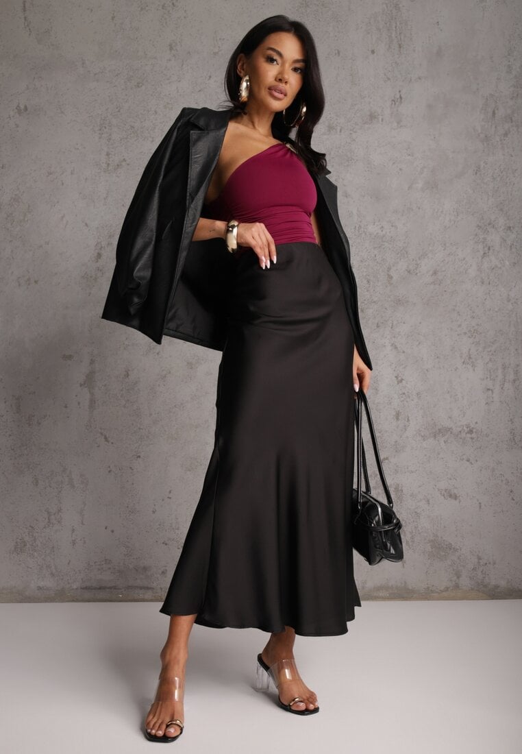 Czarna Koktajlowa Spódnica z Satyny o Rozkloszowanym Kroju Zinnivira