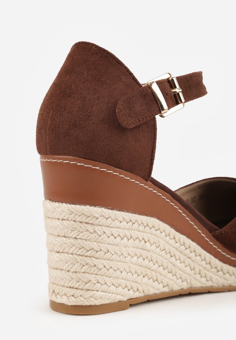 Brązowe Sandały na Plecionym Koturnie ze Sprzączką Catlinna