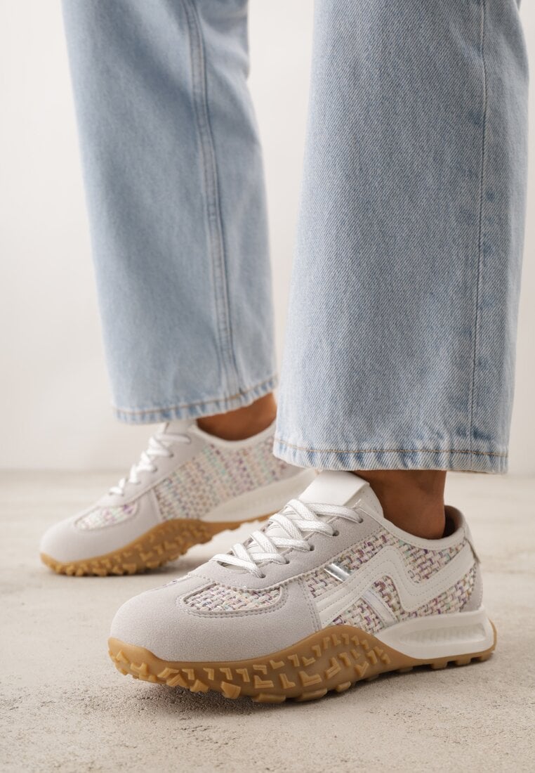 Szare Sneakersy z Futurystyczną Tłoczoną Podeszwą i Geometrycznym Wzorem Emalorine