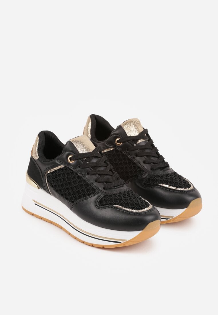 Czarne Sneakersy na Platformie Ozdobione Metalicznymi Wstawkami i Siateczką Zitina