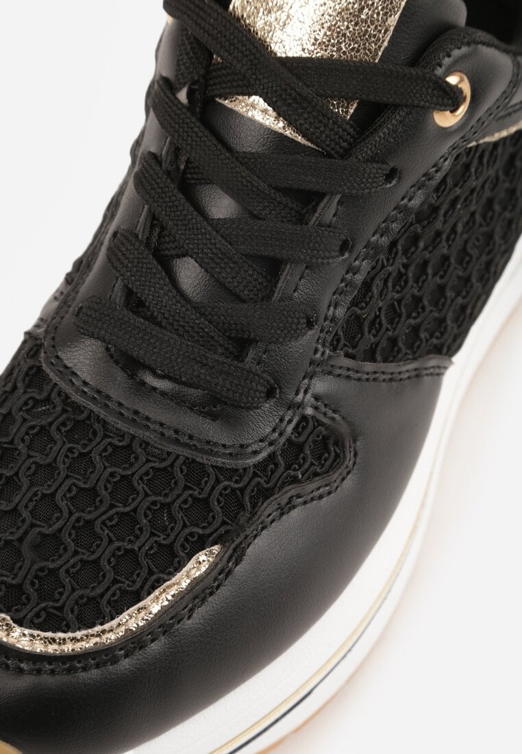 Czarne Sneakersy na Platformie Ozdobione Metalicznymi Wstawkami i Siateczką Zitina