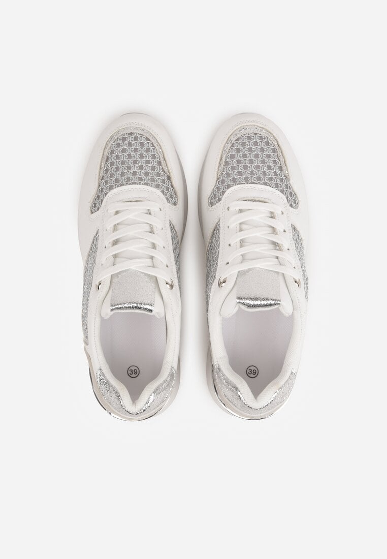 Białe Sneakersy na Platformie Ozdobione Metalicznymi Wstawkami i Siateczką Zitina