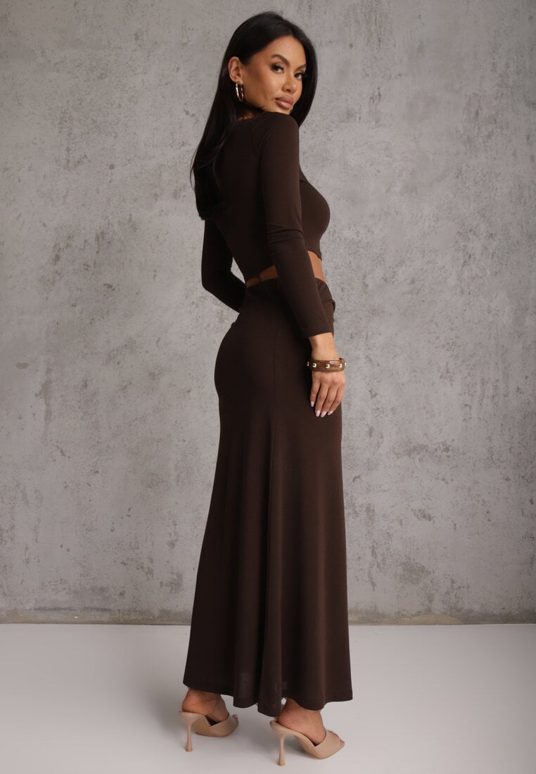 Brązowy Komplet Spódnica i Longsleeve Zdobione Marszczeniami i Aplikacjami  Bervessa