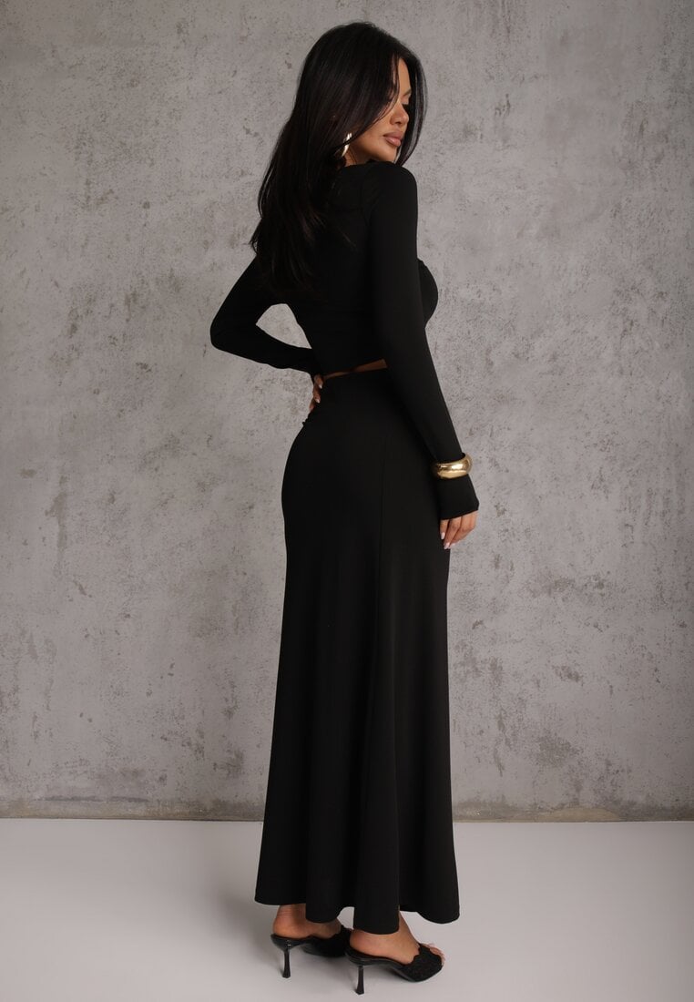 Czarny Komplet Spódnica i Longsleeve Zdobione Marszczeniami i Aplikacjami  Bervessa