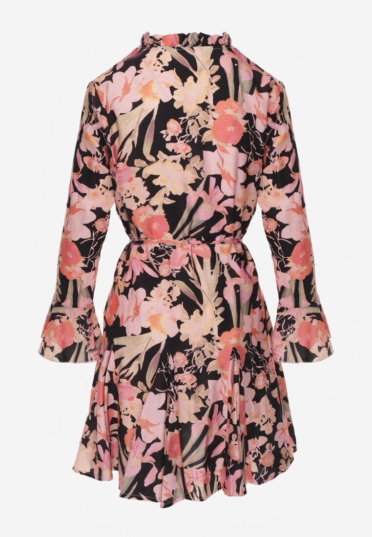 Czarna Sukienka z Wiskozy w Kwiatowy Print Ozdobiona Paskiem Asintena