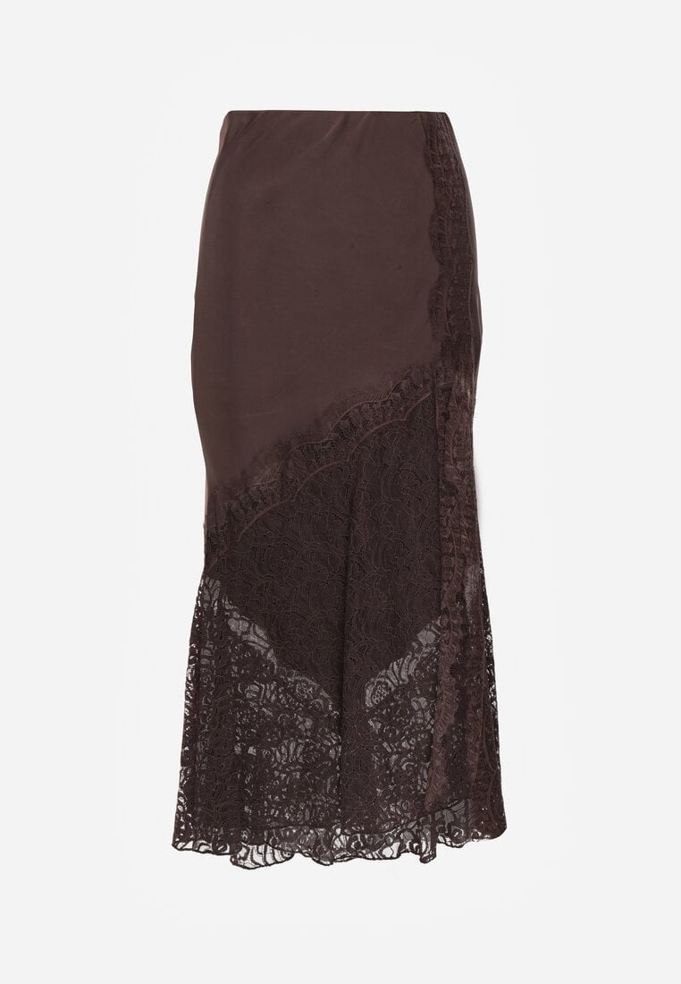 Brązowa Satynowa Spódnica Ozdobiona Rozcięciem na Nogę i Koronką Saviraet