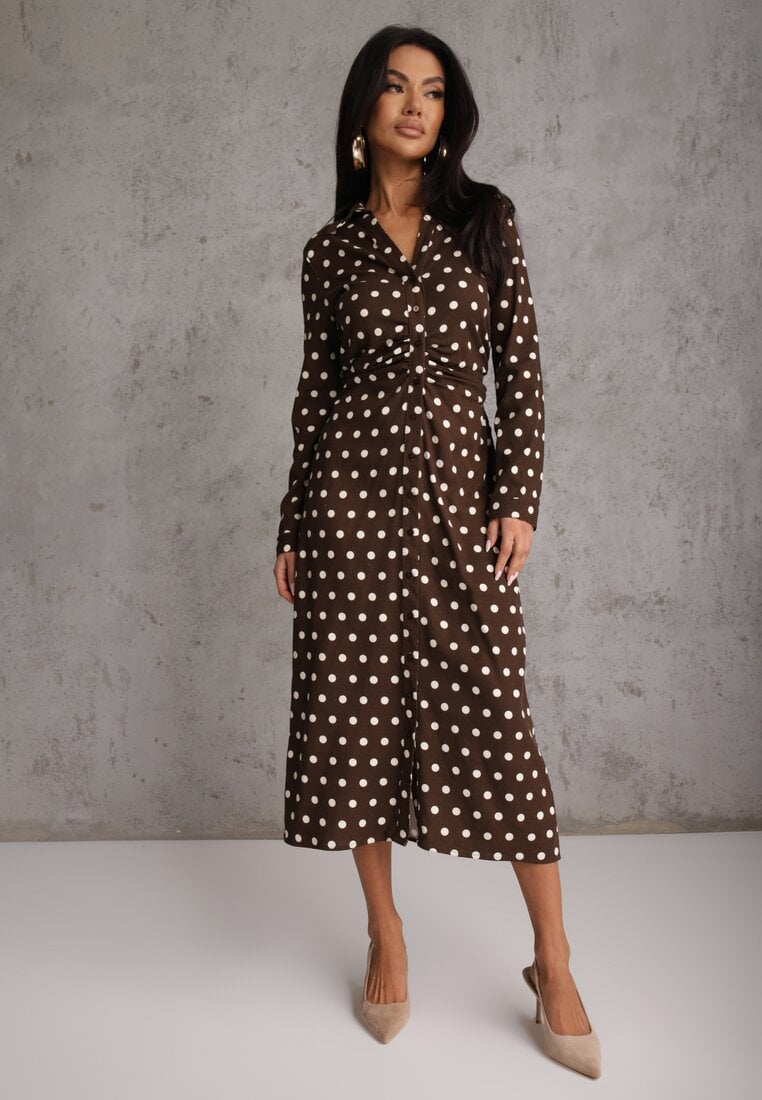 Brązowa Koszulowa Sukienka z Wiskozy z Dodatkiem Lnu z Drapowaną Talią Edrilith