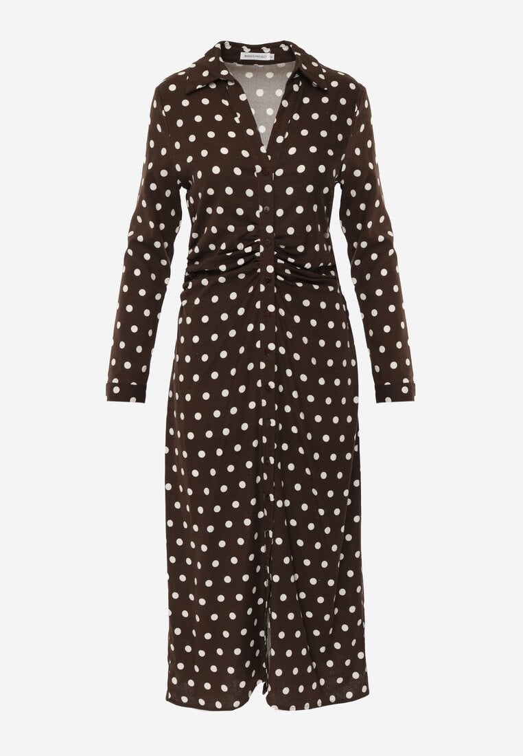 Brązowa Koszulowa Sukienka z Wiskozy z Dodatkiem Lnu z Drapowaną Talią Edrilith