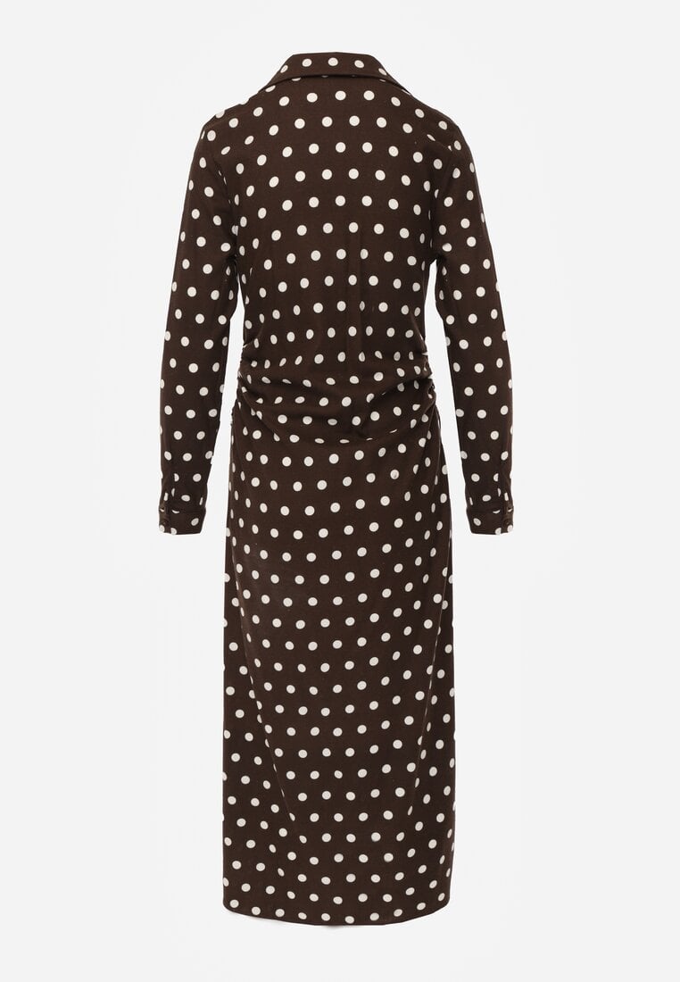 Brązowa Koszulowa Sukienka z Wiskozy z Dodatkiem Lnu z Drapowaną Talią Edrilith