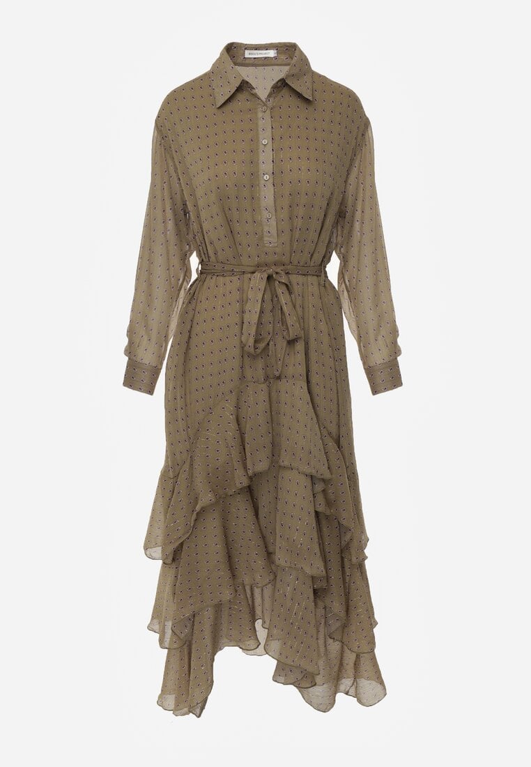 Zielona Sukienka o Koszulowym Kroju z Przedłużonym Tyłem i Falbanami Savarinna