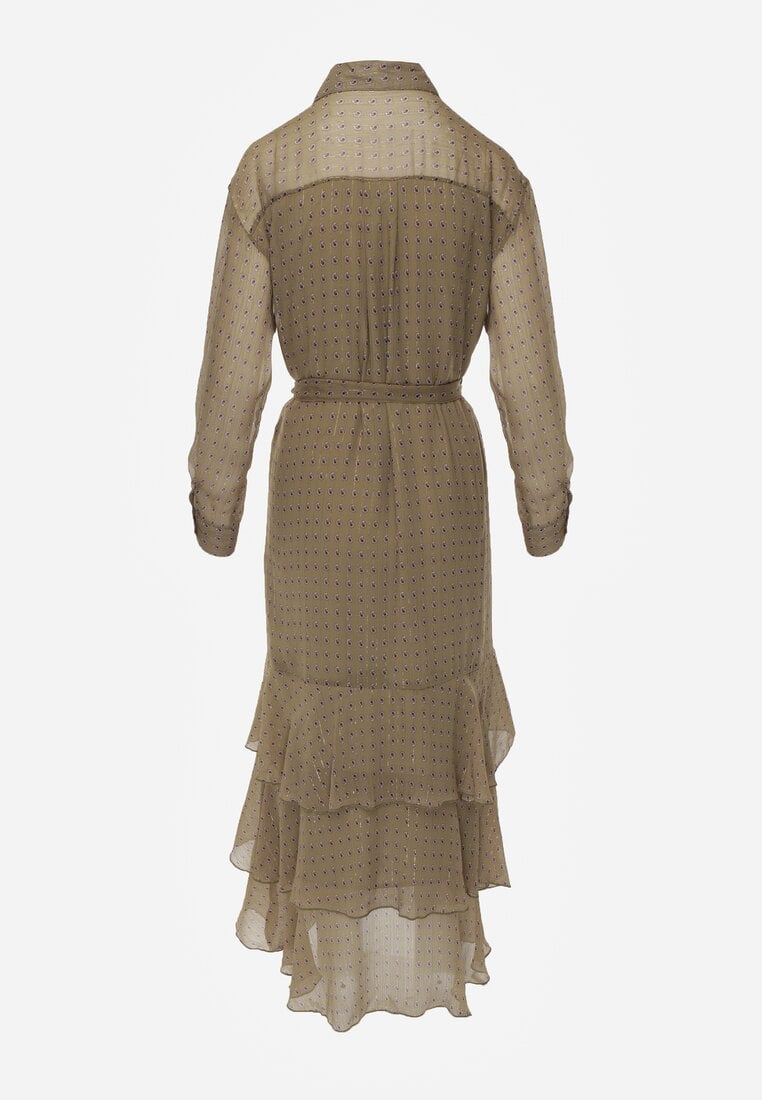 Zielona Sukienka o Koszulowym Kroju z Przedłużonym Tyłem i Falbanami Savarinna