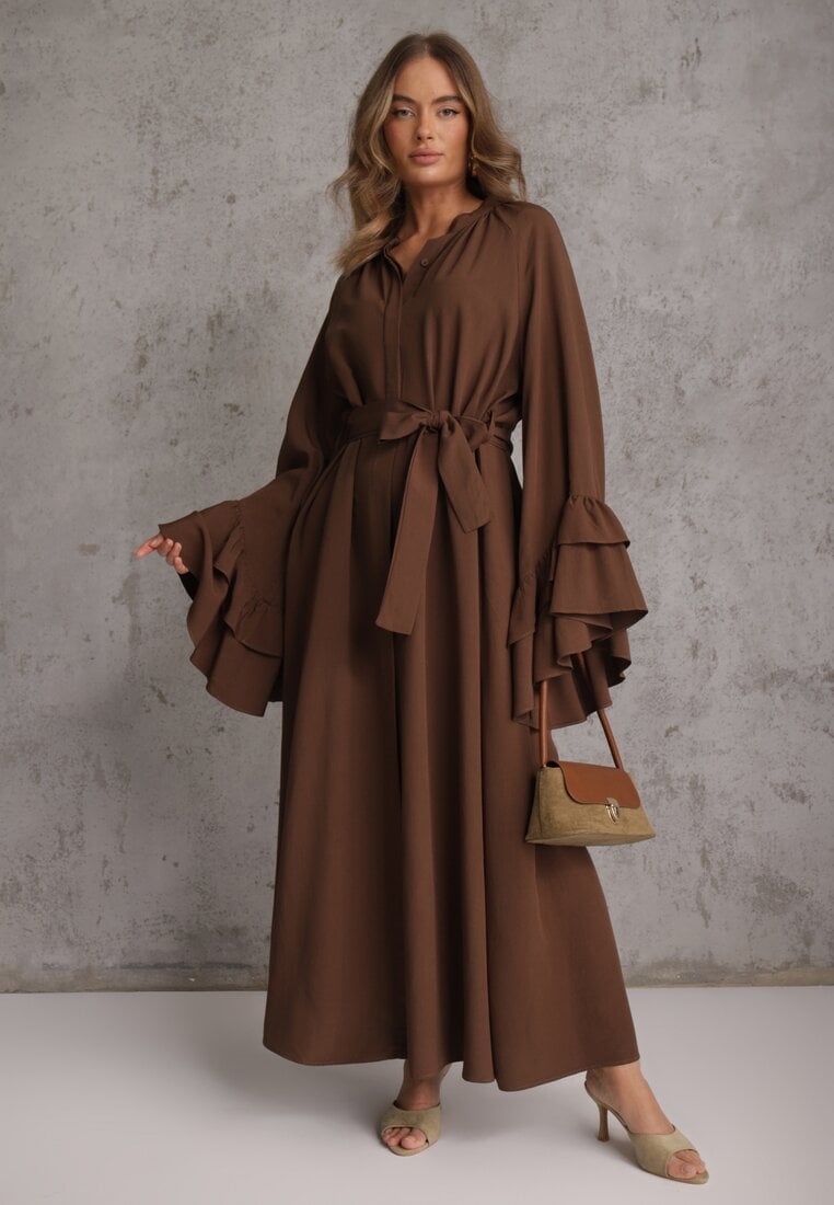 Brązowa Koszulowa Sukienka z Wiskozy Ozdobiona Paskiem i Falbanami Tinethra