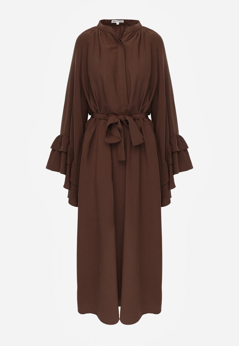 Brązowa Koszulowa Sukienka z Wiskozy Ozdobiona Paskiem i Falbanami Tinethra