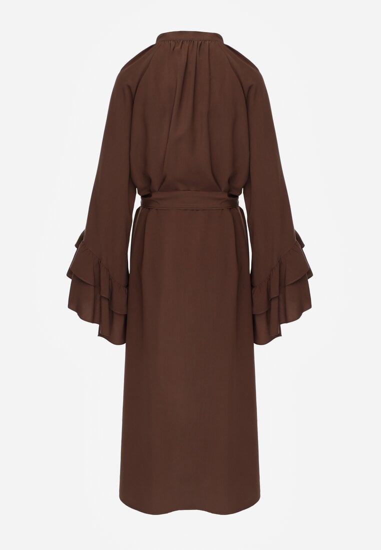Brązowa Koszulowa Sukienka z Wiskozy Ozdobiona Paskiem i Falbanami Tinethra