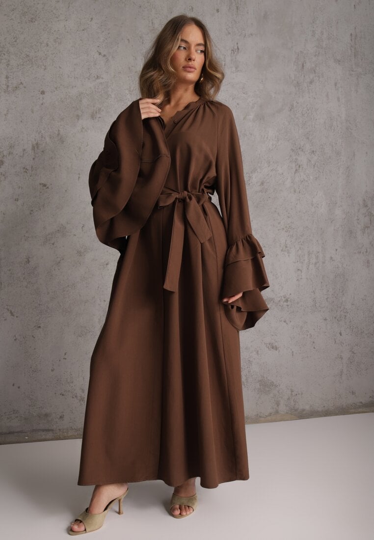 Brązowa Koszulowa Sukienka z Wiskozy Ozdobiona Paskiem i Falbanami Tinethra