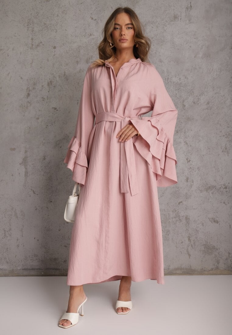 Różowa Koszulowa Sukienka z Wiskozy Ozdobiona Paskiem i Falbanami Tinethra