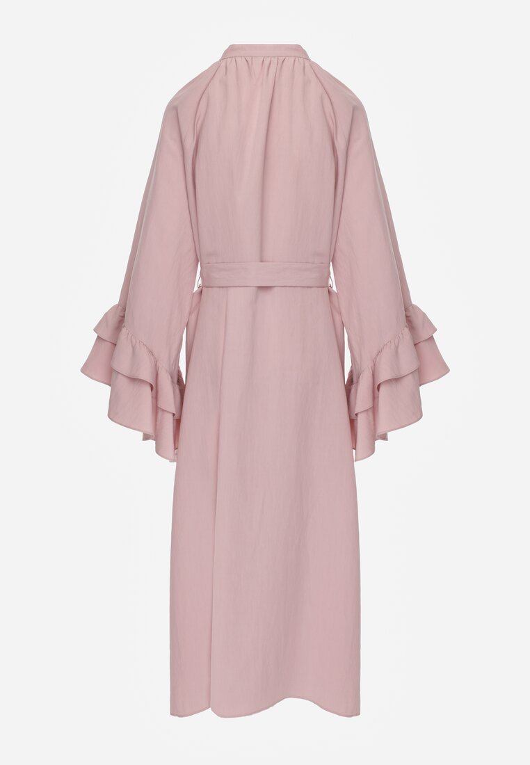 Różowa Koszulowa Sukienka z Wiskozy Ozdobiona Paskiem i Falbanami Tinethra