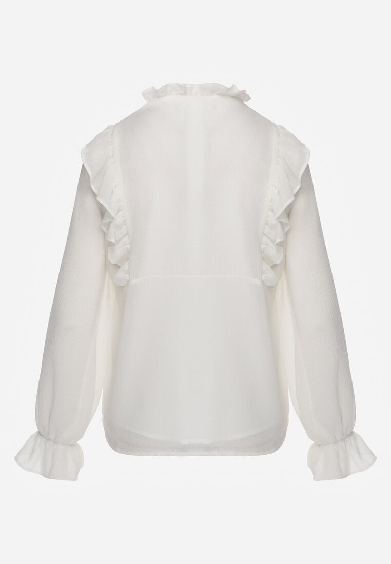 Biała Bluzka w Stylu Coquette z Falbankami i Wiązaniem przy Szyi Seathrina