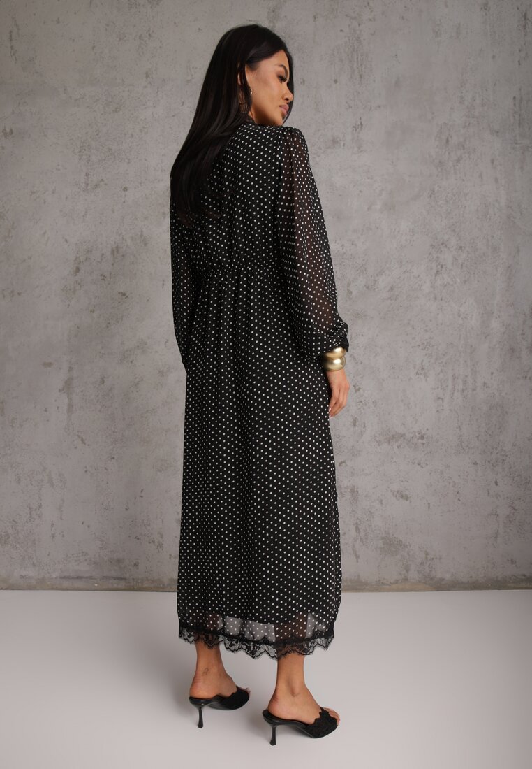 Czarna Sukienka w Kropki Ozdobiona Koronką i Przezroczystymi Rękawami Neanirae
