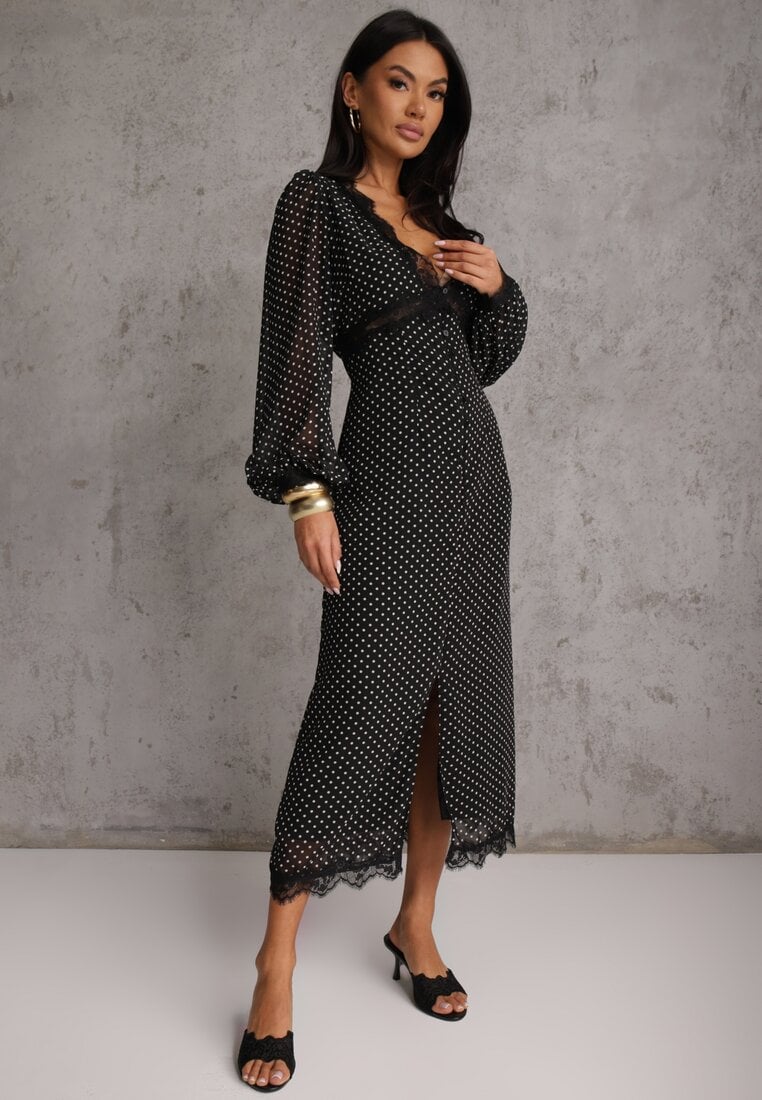 Czarna Sukienka w Kropki Ozdobiona Koronką i Przezroczystymi Rękawami Neanirae