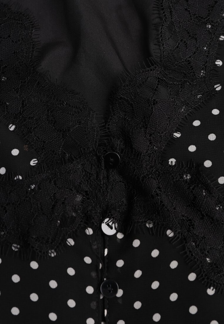 Czarna Sukienka w Kropki Ozdobiona Koronką i Przezroczystymi Rękawami Neanirae