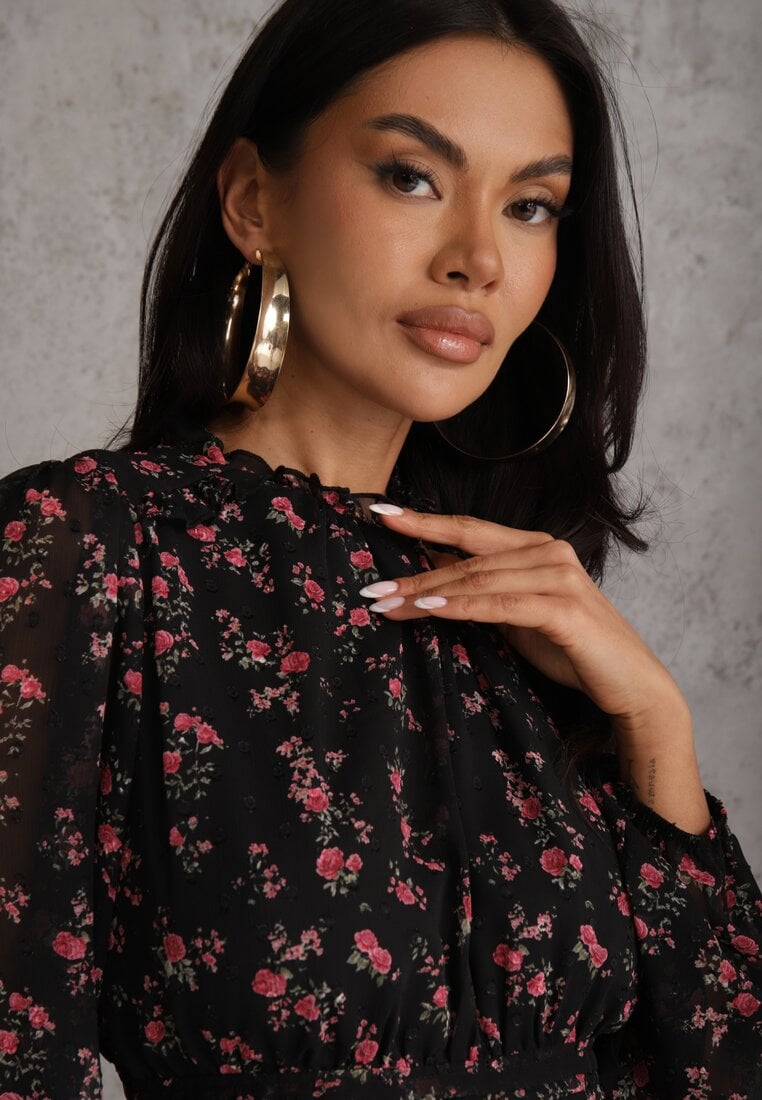 Czarna Sukienka Rozkloszowana w Kropki i Kwiatowy Print z Falbanami Ediannela