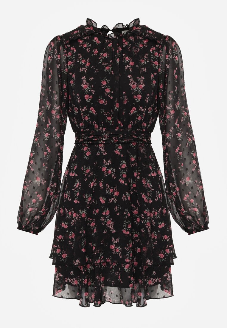 Czarna Sukienka Rozkloszowana w Kropki i Kwiatowy Print z Falbanami Ediannela